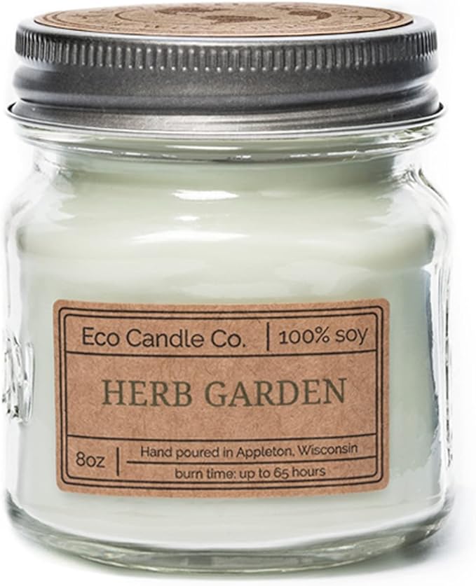 ECO CANDLE CO. Mason Jar Candle, Herb Garden, 8 oz. - Scents of Tarragon, Bergamot, Grapefruit, & Jasmine - 100% Soy Wax, No Lead, Kraft Label & Antiqued Pewter Lid, Hand Poured, Midwest Soybeans - Bloomnest
