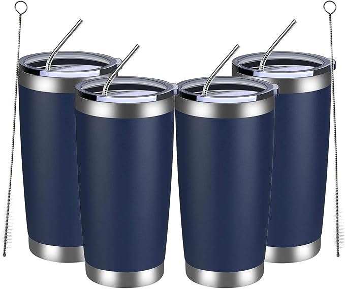 MEWAY 20oz Tumbler 4 Pack Double Wall Vacuum Insulated Travel Mug Bulk, Stainless Steel Tumblers with Lid and Straw, Durable Powder Coated Coffee Cups for Cold & Hot Drinks (Navy, 4) - Bloomnest