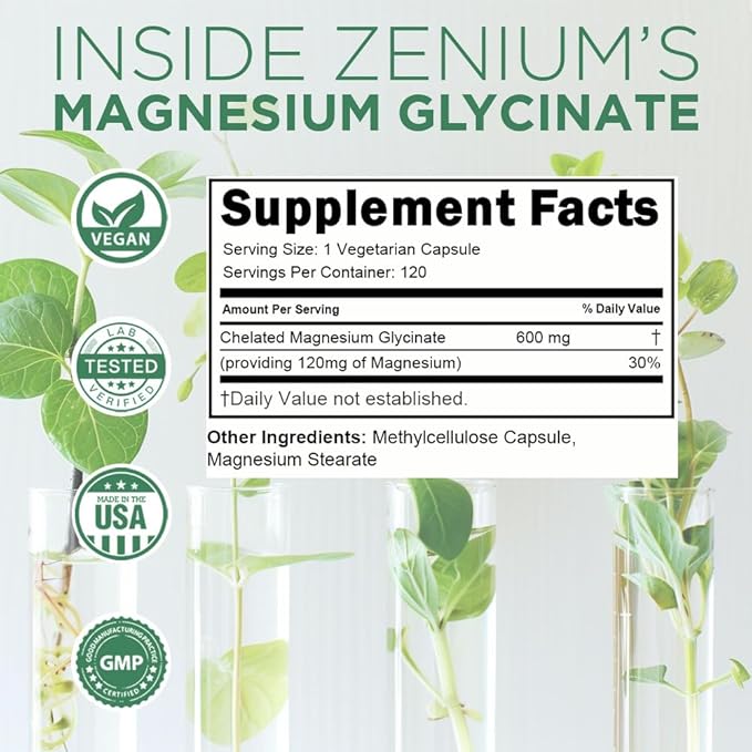 Zenium - Magnesium Glycinate for Sleep, Chelated, 600mg per Serving, 120 Capsules | High Absorption | Relieve Stress, Tension, Worry & Irritability | Calm Mind & Body | Ayurvedic | Natural Supplement - Bloomnest