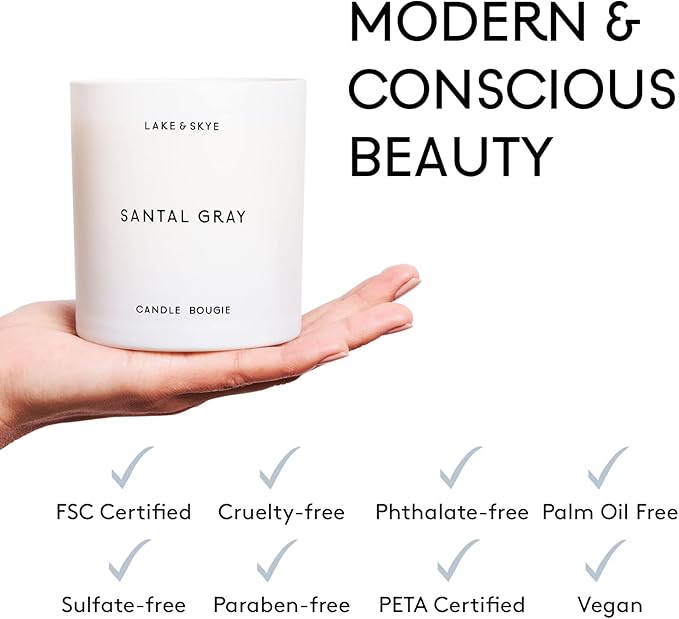 Lake & Skye Santal Gray Candle (8 oz), 50 Hours of Burn Time, 100% Soy Wax, Vegan - White Embers and Musk Scent - Bloomnest