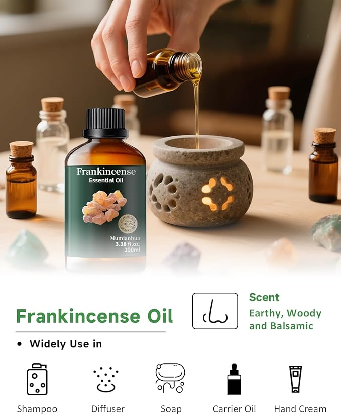Mumianhua 100% Pure Frankincense Essential Oil Natural Frankincense Oil for Aromatherapy Therapeutic Grade Resin Oil for Skin, Meditation Diffuser & Candle Making | for Home & Office Focus 3.38 Fl Oz - Bloomnest