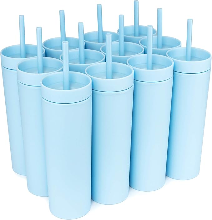 STRATA CUPS Periwinkle Skinny Tumblers with Lids and Straws (12 pack) - 16oz Double Wall Acrylic Tumbler, Tall Matte Skinny Tumblers, Bulk with Free Straw Cleaner, Reusable Cups - Bloomnest