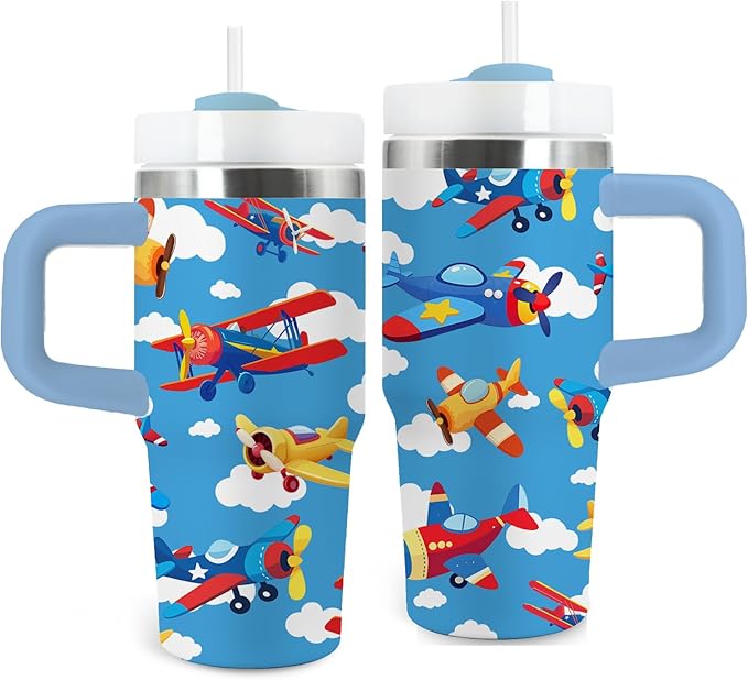 Airplane Gifts for Boys - 14oz Blue Kids Helicopter Airplane Tumbler with Handle and Straw, Stainless Steel Insulated Water Cup, for Sport, School - Airplane Themed Children Birthday Gifts Cup(1pc) - Bloomnest