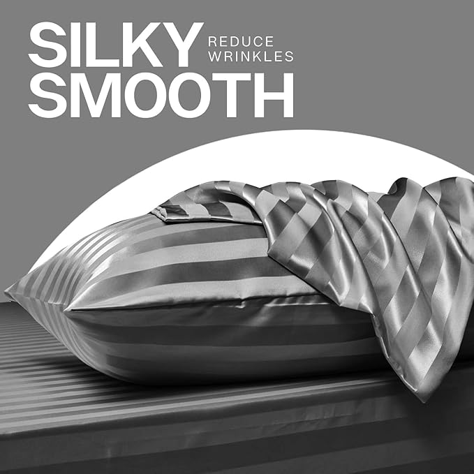 MR&HM Satin Pillowcase for Hair and Skin, Silk Satin Pillowcase 2 Pack, Queen Size Pillow Cases Set of 2, Silky Pillow Cover with Envelope Closure (20x30, Dark Grey Striped) - Bloomnest