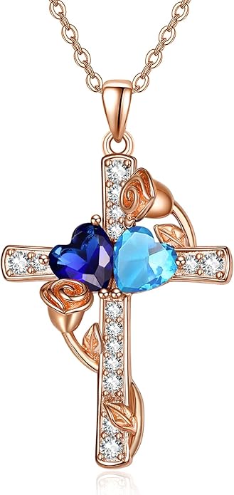 Rose Gold Dual Birthstones Cross Necklace for Women Rose Flower Jewelry Anniversary Christmas Mother's Valentine's Day Birthday Gift for Wife Girlfriend Mom - Bloomnest