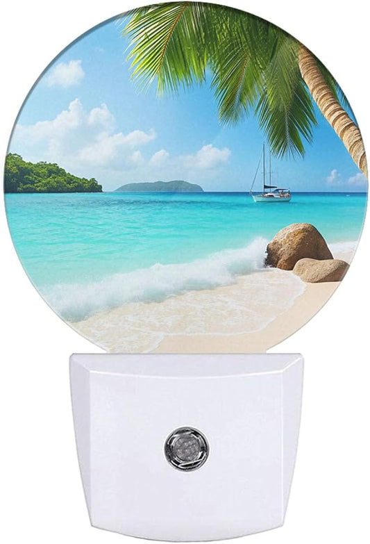 EKOBLA Palm Tree and Beach LED Night Light Island Beach Sea Ocean Dusk to Dawn Plug-in Nightlights Auto Sensor for Home Indoor Bathroom Hallway Kitchen - Bloomnest