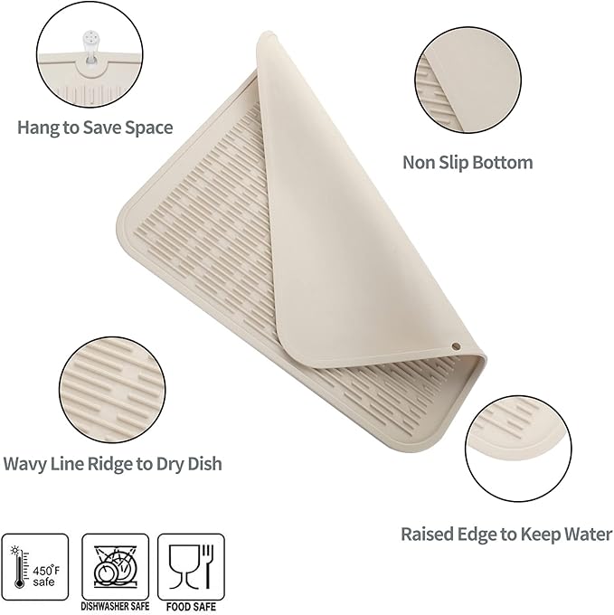 Silicone Dish Drying Mat for Multiple Usage,Easy clean,Eco-friendly,Heat-resistant Silicone Mat for Kitchen Counter or Sink,Refrigerator or Drawer Liner Tapioca XL 18 inches x 16 inches - Bloomnest