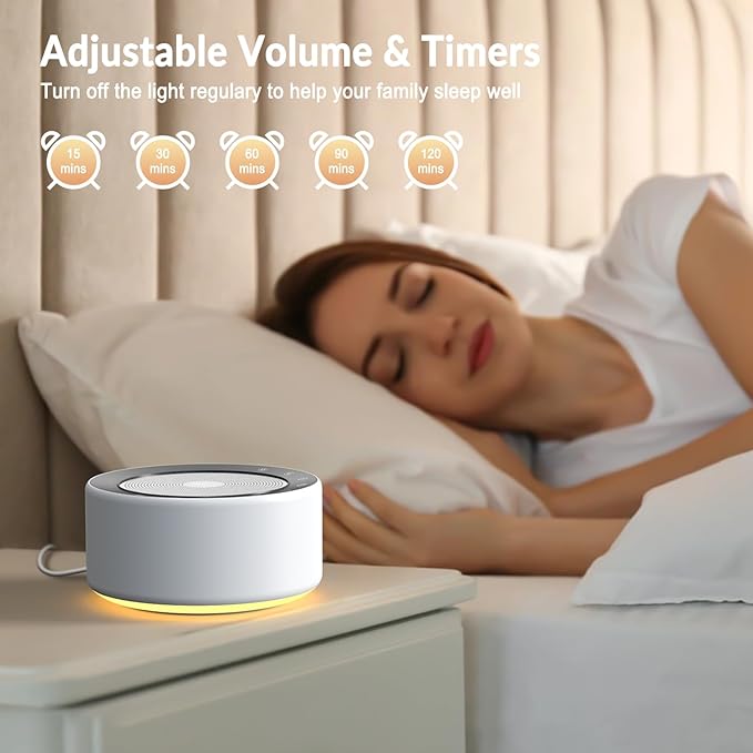 Kipcush White Noise Sound Machine with Nursery Lamp, Mood Lighting, 7 Colour Night Light, 30 Soothing Sounds for Baby/Adult. Timer, Plug in, Memory Function, Touch Control - Bloomnest