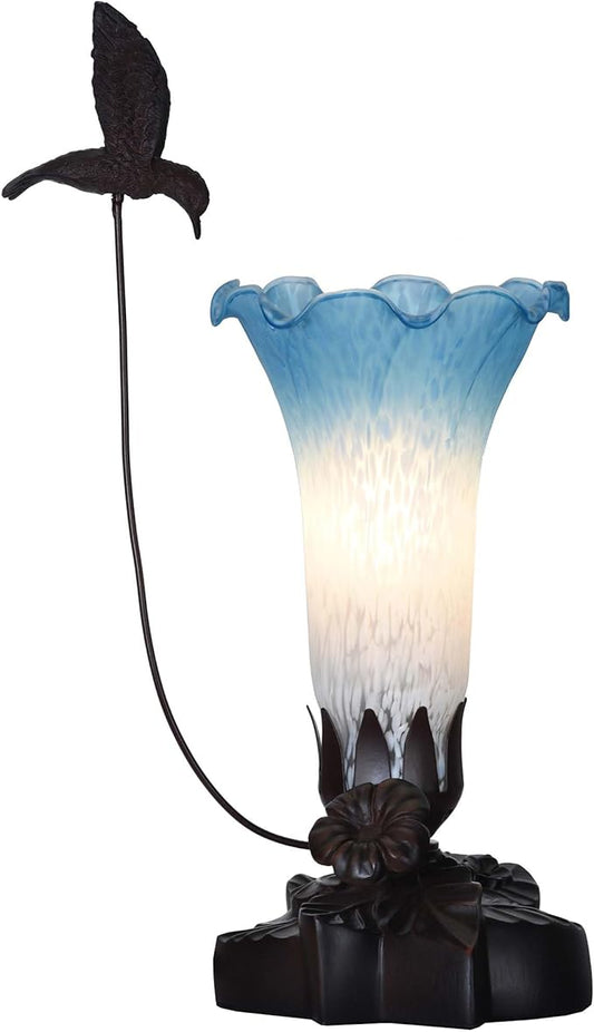 Bieye LL04 Hummingbird Flying Over Lily Flower Blown Glass Table Lamp for Home Decor (White Blue, 4.25Wx12H)