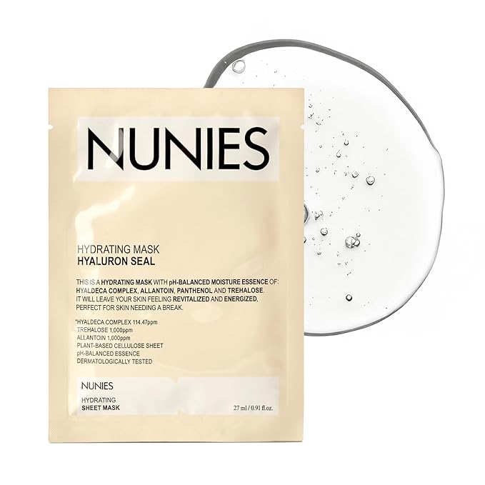 NUNIES Hydrating Sheet Mask – Korean Moisturizing Face Mask for Dry & Sensitive Skin | 10-Layer Hyaluronic Acid, Trehalose & Allantoin | Glow, pH-Balanced | Fragrance-Free, Colorant-Free | 5 Sheets - Bloomnest