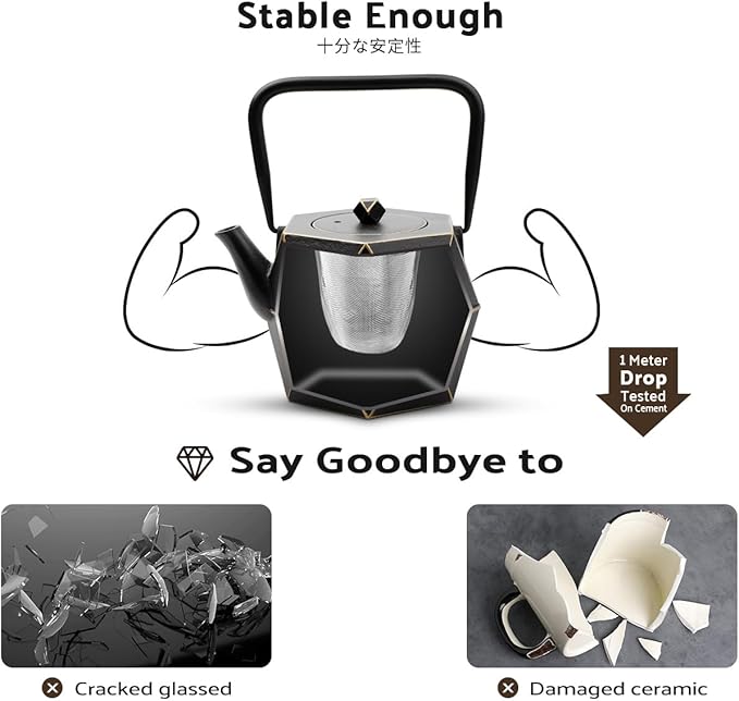Toptier Cast Iron Teapot, Stovetop Safe Japanese Cast Iron Tea Kettle, Diamond Design Tea Pot with Removable Infuser for Loose Tea, 40 Ounce (1200 ml), Black - Bloomnest