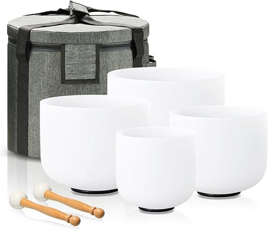 Singing Bowl Set of 4 PCS 6" A Note 8" F Note 10" G Note 12" C Note Frosted Chakra Quartz Crystal Sound bowls With Carry Case Bag. - Bloomnest
