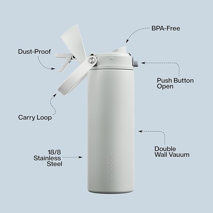 Insulated Water Bottle with Straw - Encool Stainless Steel Water Bottle with Push Button Lid, Leak-Proof & BPA-Free, Keeps Cold for 24 Hours for Sports, Travel, Gym (24 oz, Silver Grey) ENCOOL