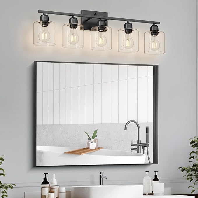 Modern 5 Light Bathroom Vanity Light, 31 inch Black Bathroom Light Fixtures with Clear Glass for Mirror Kitchen Living Room Hallway Cabinet Porch - Bloomnest