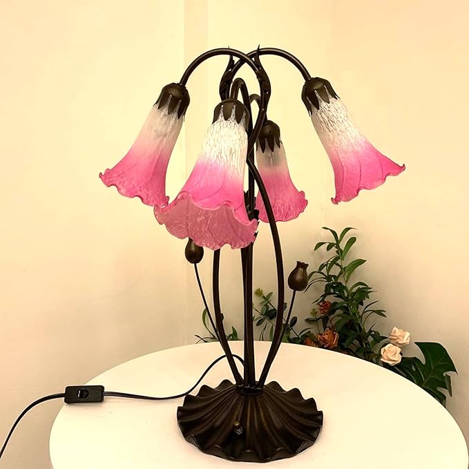 Bieye L10848 Lily Flower Blown Glass Accent Table Lamp for Living Room Bedroom Decoration (4-Light, Pink) - Bloomnest