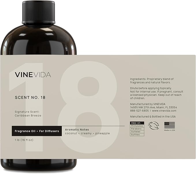 VINEVIDA Caribbean Breeze Fragrance Oil for Cold Air Diffusers - (16 Fl Oz) - Essential Oils for Diffuser Oil Refill & Air Freshener Room Spray - Bloomnest