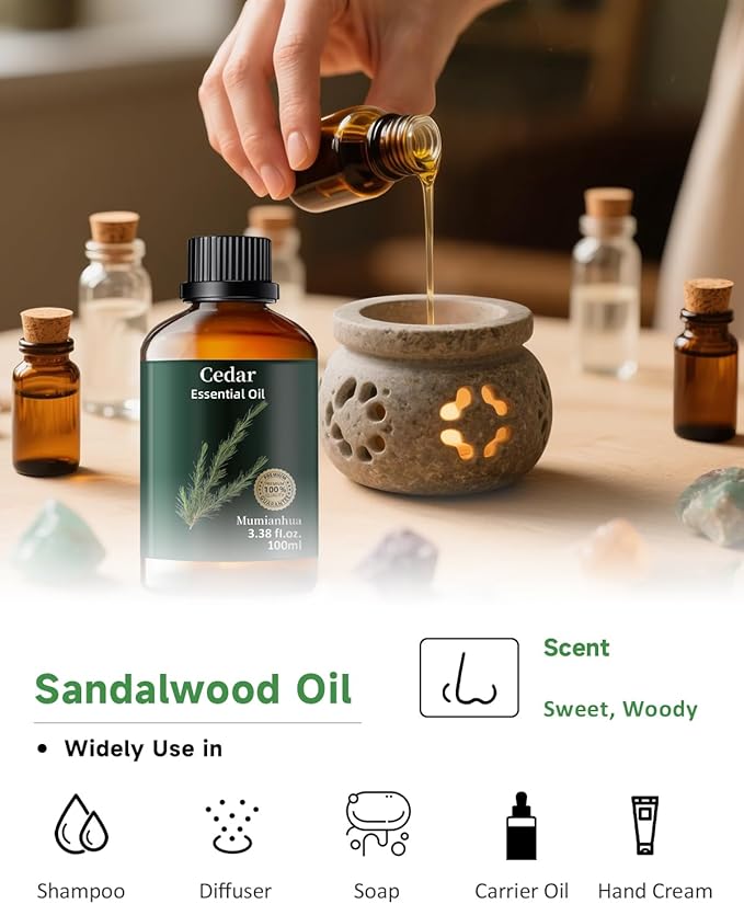 Pure Cedarwood Essential Oil, Mumianhua Natural Cedarwood Oil for Hair, Skin, Diffuser, Aromatherapy, Bedroom Atmosphere, Woodland Aroma, Evening Diffusion, Soap Making, Blends 3.38 Fl Oz - Bloomnest