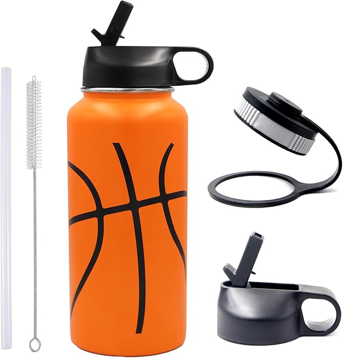 32 oz Basketball Water Bottle, Wide Mouth Sports Flask Metal Travel Tumbler with 2 Lids, Stainless Steel Double Wall Vacuum Insulated Thermo Water Bottles, Basketball Accessories Gifts for Boys Girls - Bloomnest