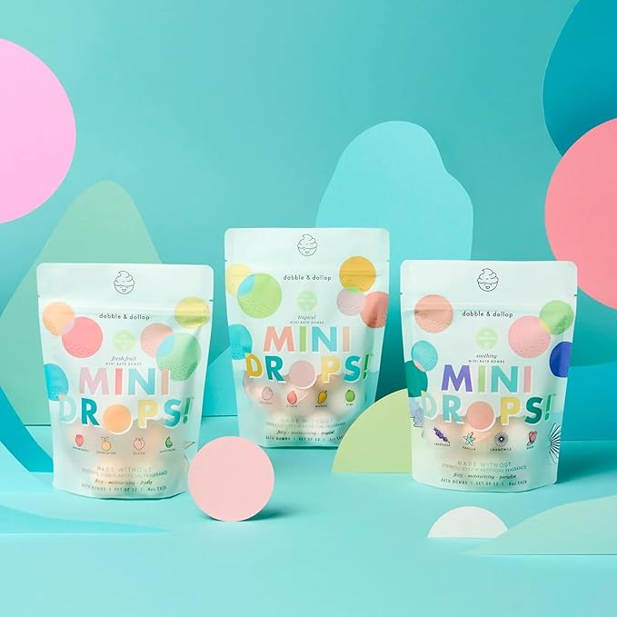 Dabble & Dollop Mini Bath Bombs, 100% Natural Droplets for Kids, Variety Pack - Resealable Pouches, Fizzy, Moisturizing & Fun, Vegan, Gluten-Free, Cruelty-Free (Set of 36) - Bloomnest