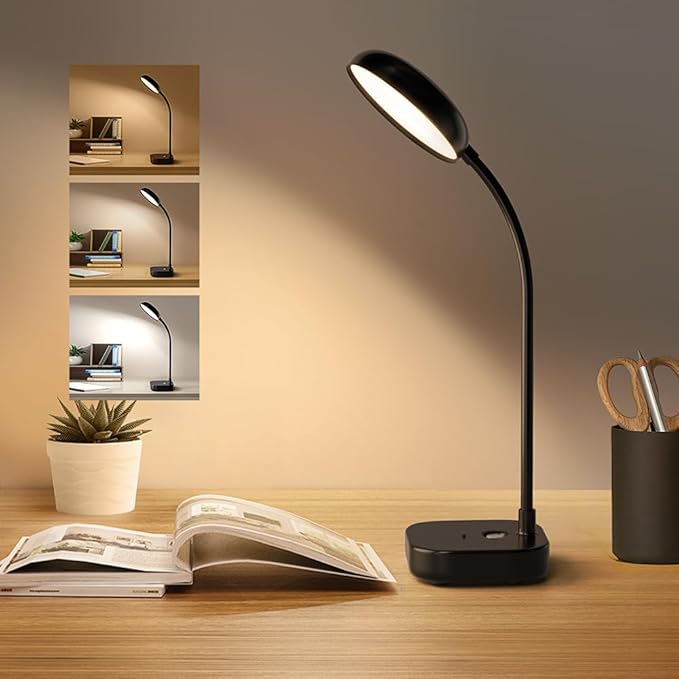 Battery Desk Lamp Light,Black,Cordless desk lamp rechargeable,Small gooseneck lamp for desk,400LM LED Light,3 Colors (White/Warm White/Warm),Adjustable brightness,360° Hose,20 LED for Bedroom&Reading - Bloomnest
