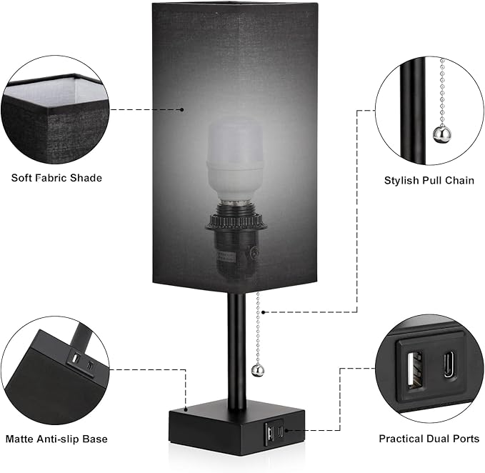 Bedside Table Lamps Set of 2 - Black Bedroom Lamps with 3 Color Temperatures (3000K/5000K/4000K), Two Square Nightstand Lamps with USB C + A Charging Ports, Pull Chain Small Night Light for End Table - Bloomnest