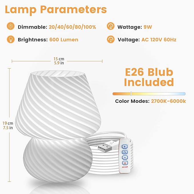 USB Plug-in Mushroom Lamp Small Bedside Table Lamp with 3 Temperature LED Bulb,Free Dimming Nights Light for Bedroom/Living Room/Entryway/Corner Decor (Stripe White) - Bloomnest