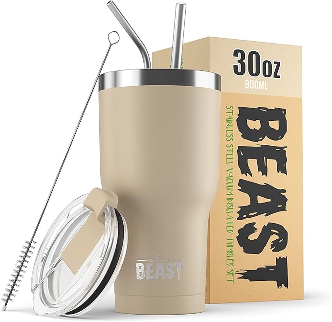 Beast 30 oz Tumbler Stainless Steel Vacuum Insulated Coffee Ice Cup Double Wall Travel Flask (Sand) - Bloomnest