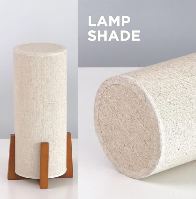 KUNJOULAM Modern Table Lamps, Nightstand Lamp with Linen Fabric Shade Brown Wooden Base, 13.9" Cylinder Bedside Table Lamp for Bedroom, Cafe, Living Room Home Decor - Bloomnest