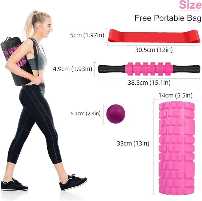 5 in 1 Foam Roller Set Includes Hollow Core Massage Roller, Yoga Stick, Massage Ball, Fitness Stretching Strap, Carrying Bag, Towel, Massage Roller (Pink) - Bloomnest