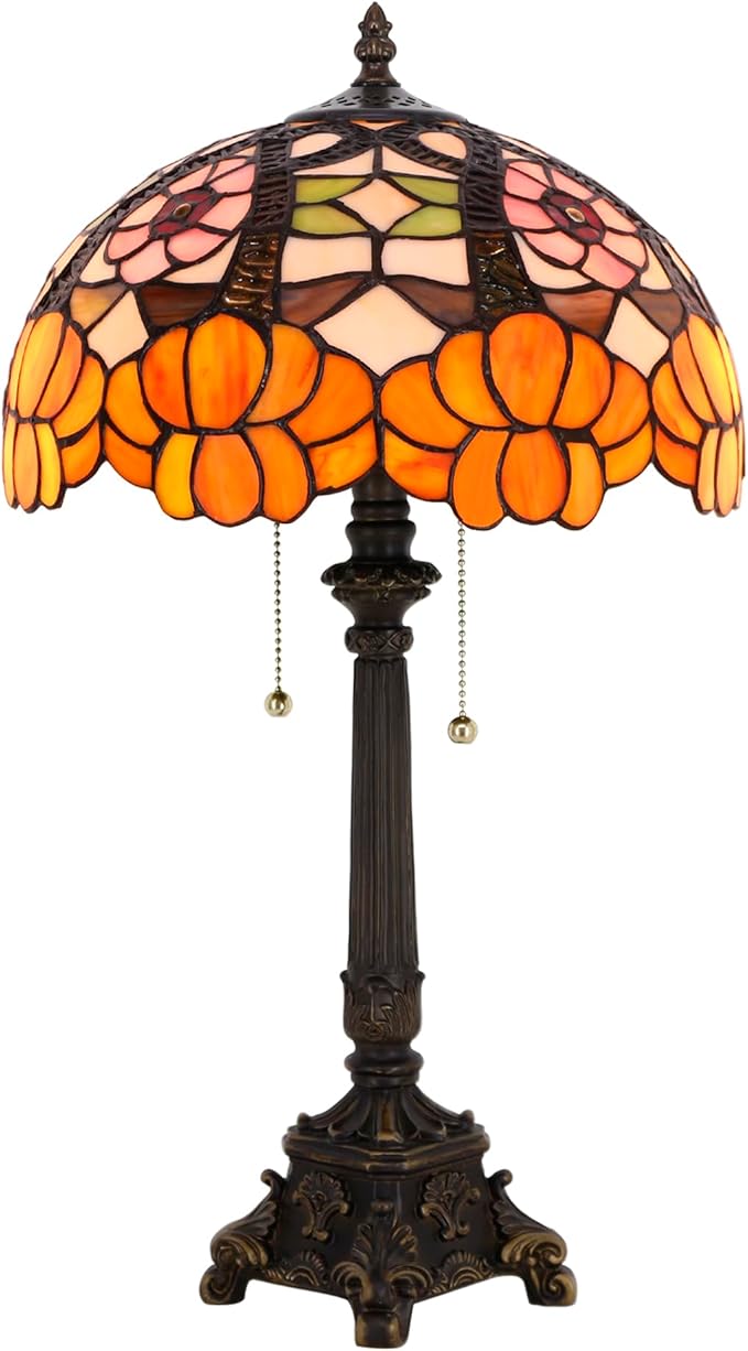 Tiffany Lamp Orange Flower Style Stained Glass Table Lamp Desk Reading Light 12X12X21 Inches with Resin Base Decor Bedroom Living Room - Bloomnest