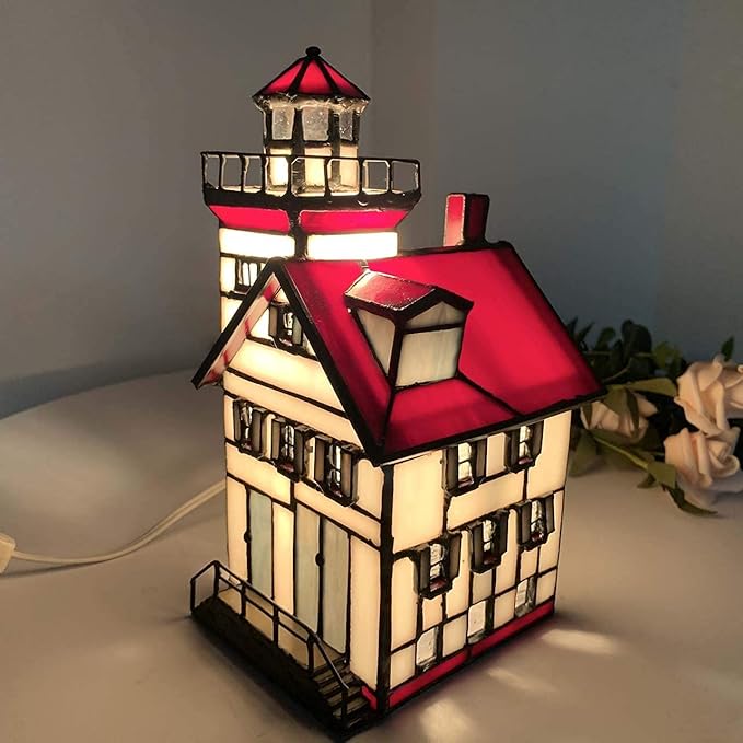 Bieye L10778 Lorain Lighthouse Tiffany Style Stained Glass Accent Table Lamp Night Light for Home Decoration (4x5x9, Red) - Bloomnest
