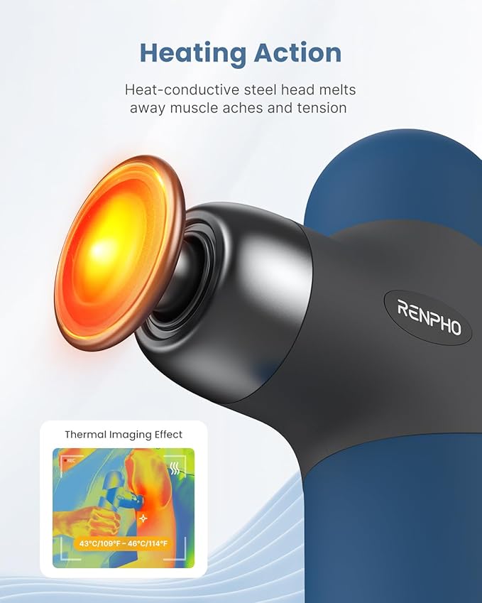 RENPHO Mini Thermal Massage Gun with Heat, Christmas Birthday Gifts for Women Men, Portable Deep Tissue Percussion Massager, Color Silicone Sleeves Travel Size with Carry Case, Aegean Blue - Bloomnest
