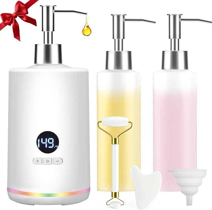 Massage Oil Lotion Warmer, Massage Oil Heater for SPA Massage Therapy and Personal Use, Portable Body Oil Warmer Dispenser with Two Massage Bottles, Adjustable Temperature(86-149°F), White - Bloomnest