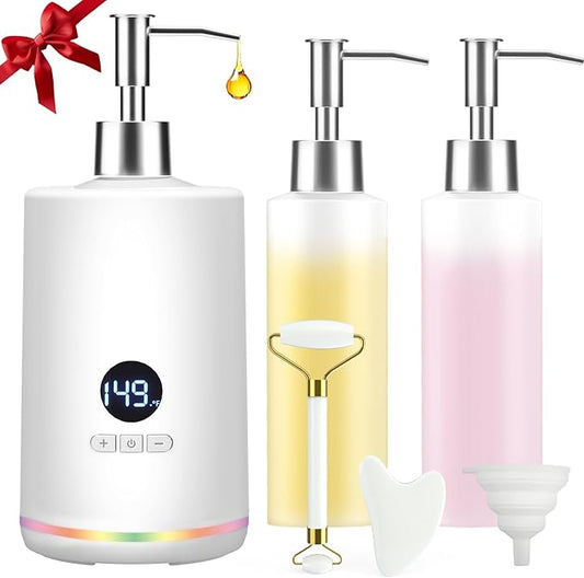 Massage Oil Lotion Warmer, Massage Oil Heater for SPA Massage Therapy and Personal Use, Portable Body Oil Warmer Dispenser with Two Massage Bottles, Adjustable Temperature(86-149°F), White - Bloomnest