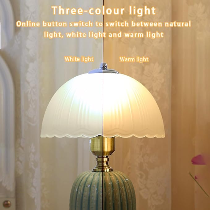 Large Table Light 3 Color Adjustable Ceramic Lamp Vintage Nightstand Lamps Dimmable Bedside Table Lamps for Living Room Bedroom Home Office (Green) - Bloomnest