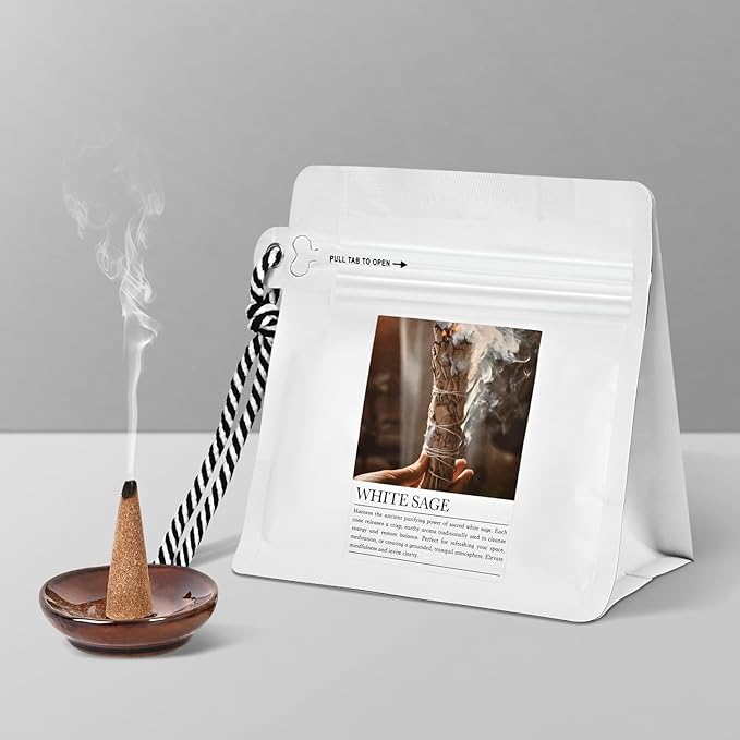 White Sage Incense Cones 30 Pcs Count with Holder - Smudging Incense for Positive Energy & Spiritual Cleansing Mosfantal