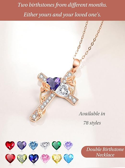 Rose Gold Dual Birthstones Cross Necklace for Women Rose Flower Jewelry Anniversary Christmas Mother's Valentine's Day Birthday Gift for Wife Girlfriend Mom - Bloomnest
