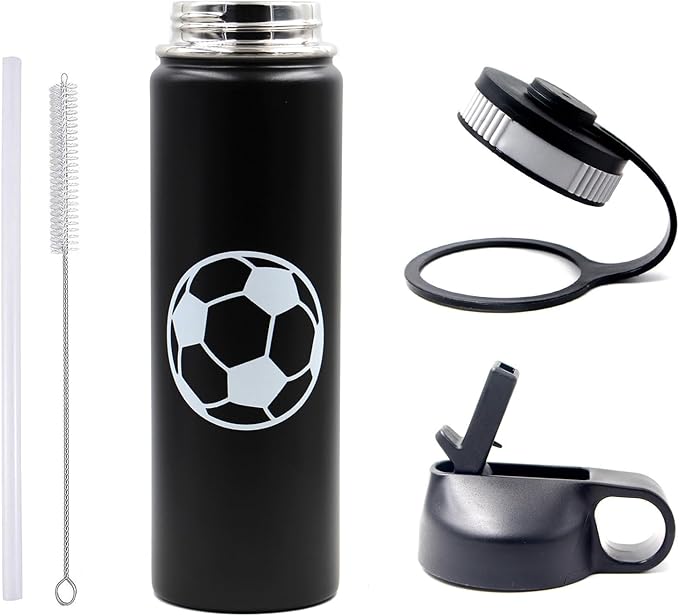 22 oz Soccer Water Bottle with Straw, Sports Flask Metal Travel Tumbler with 2 Lids, BPA Free Stainless Steel Double Wall Vacuum Insulated Leak Proof Thermo Water Bottles, Soccer Gifts for Boys Girls - Bloomnest