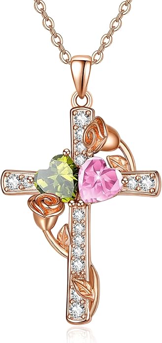 Rose Gold Dual Birthstones Cross Necklace for Women Rose Flower Jewelry Anniversary Christmas Mother's Valentine's Day Birthday Gift for Wife Girlfriend Mom - Bloomnest