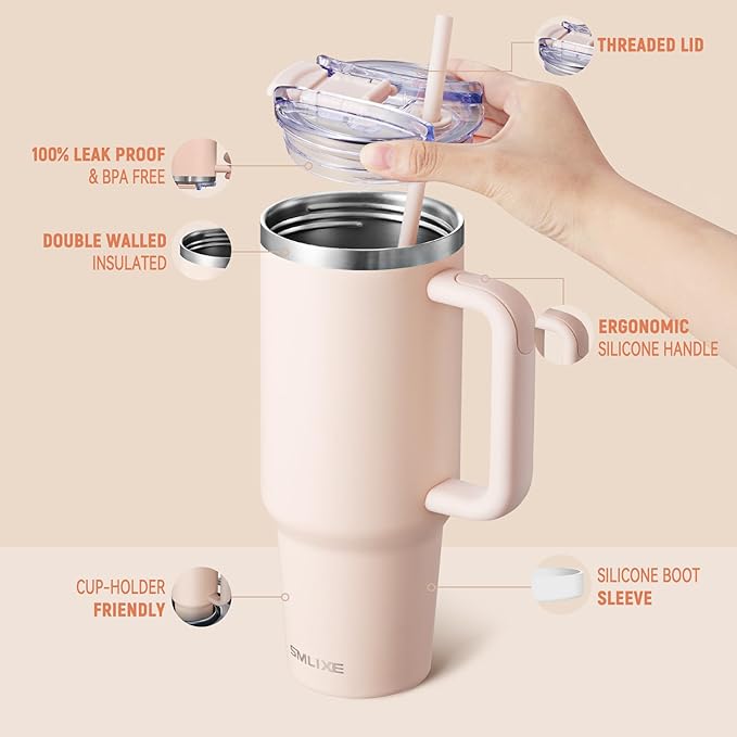 40 oz Tumbler with Handle and Straw Lid,Insulated Reusable Stainless Steel Water Bottle Travel Mug，Cupholder Friendly Double Wall Vacuum Sealed Cup (Rose Quartz) - Bloomnest