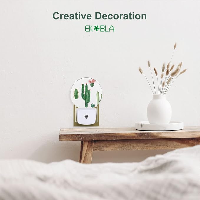 EKOBLA Plug in Cactus Night Light Exotic Cactus Pink Flower Desert Plant Green Night Lights Plug into Wall Round Lamp for Girls Boys Bedroom Bathroom Led Wall Decor - Bloomnest
