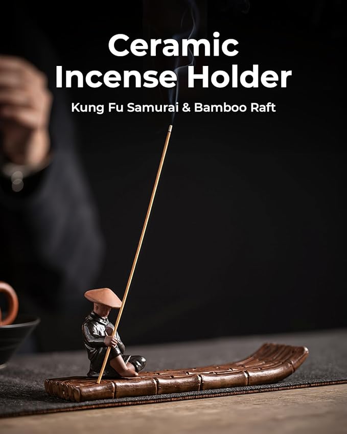 Ceramic Incense Stick Holder with Ash Catcher - Kung Fu Samurai on Bamboo Raft, Chinese & Japanese Home Decor for Meditation, Spa, Yoga - Bloomnest