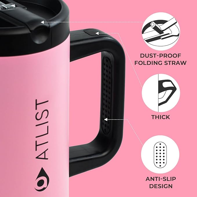 100% Leakproof 40 oz Tumbler with Handle & 4-in-1 SipSwig Lid, Built-In Flip Straw & External Stainless Steel Straw, Insulated Stainless Steel Cup, BPA-Free, Pink & Black - Bloomnest