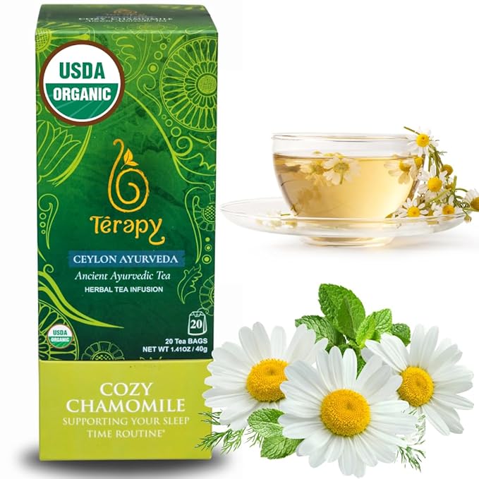Térapy Ceylon CHAMOMILE TEA | USDA Organic Herbal Tea Bags | 100% Natural Ayurvedic Ingredients including Organic Chamomile, Ashwagandha, Cinnamon & Licorice| 20 Individually Wrapped Tea Bags - Bloomnest