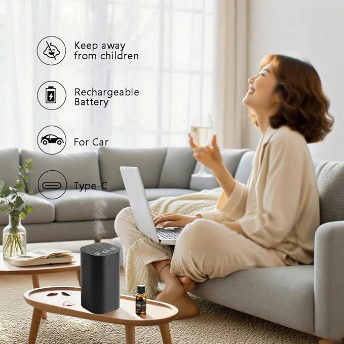 Waterless Diffuser for Essential Oil Rechargeable Scent Diffuser Machine, 0.7 Fl.Oz. 20mL Capacity, 4 Countdown Timers & 4 Mist Levels for Home, Room, Car, Office, Christmas Decorations Indoor, Black - Bloomnest