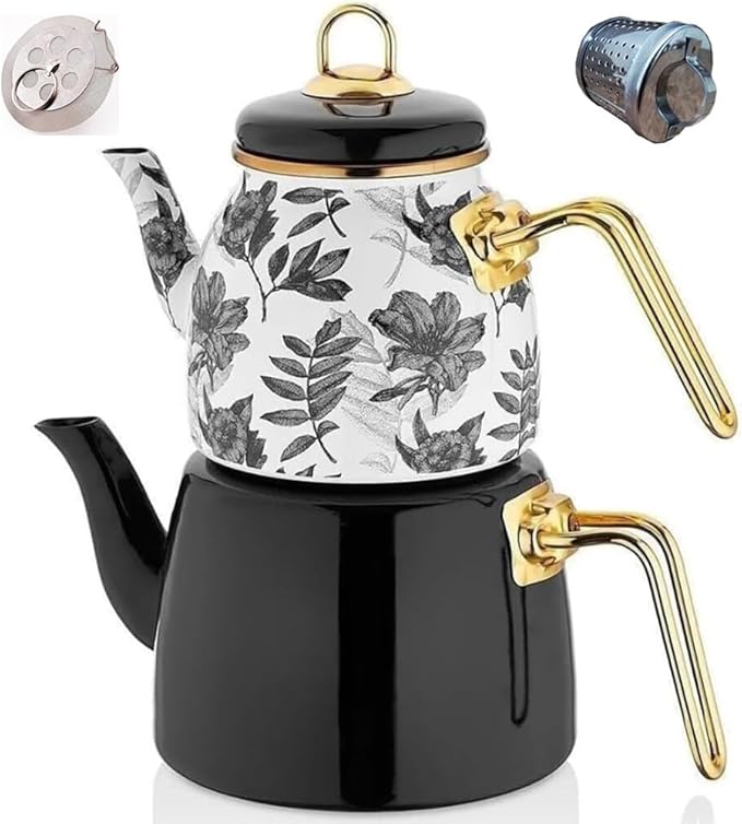 Vintage Turkish Teapot Tea Pots Kettle Set for Stovetop Stove Top Decorative Infuser Party Cups Glasses Floral Unique Boiler Samovar Strainer Loose Leaf Kitchen Style Enamel Decor (White-Black) - Bloomnest