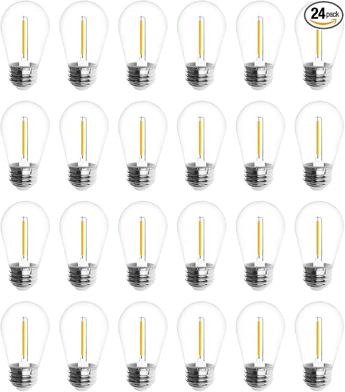 Jslinter S14 5000K Daylight Outdoor String Lights Bulbs Replacement, Shatterproof & Waterproof, 1 Watt LED 11W Equivalent, E26 Base Non-dimmable, Edison Vintage Style for Patio Garden, 24-Pack - Bloomnest