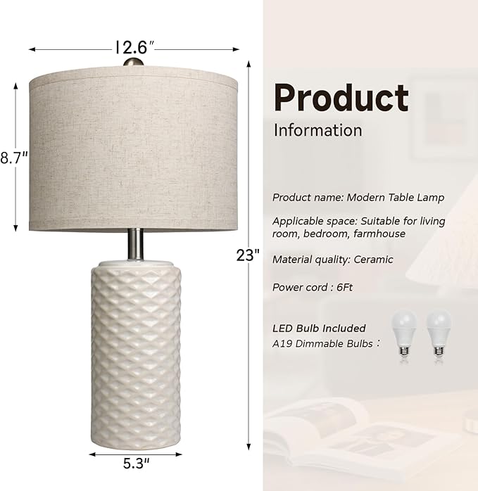 23" Bedside Lamps Set of 2, Dimmable Ceramic Table Lamps for Night Stands Modern Farmhouse Bedroom Lamps with Timer, Nightstand Table Lamps for Living Room End Table, Beige, LED Bulb Included - Bloomnest