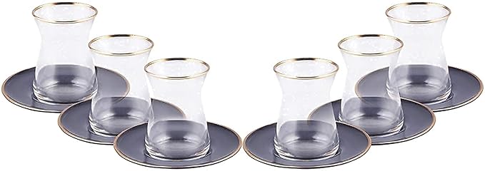 KARACA Retro Anthracite Tea Set for 6, 6 Turkish Tea Glasses, 12 Pcs, Gold Decal Details - Bloomnest