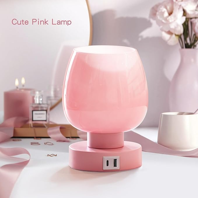 ONEWISH Pink Touch Table Lamp with USB Charging - 3 Way Dimmable Small Lamp for Bedroom, Warm LED Bulb Included, 2 Packs - Bloomnest